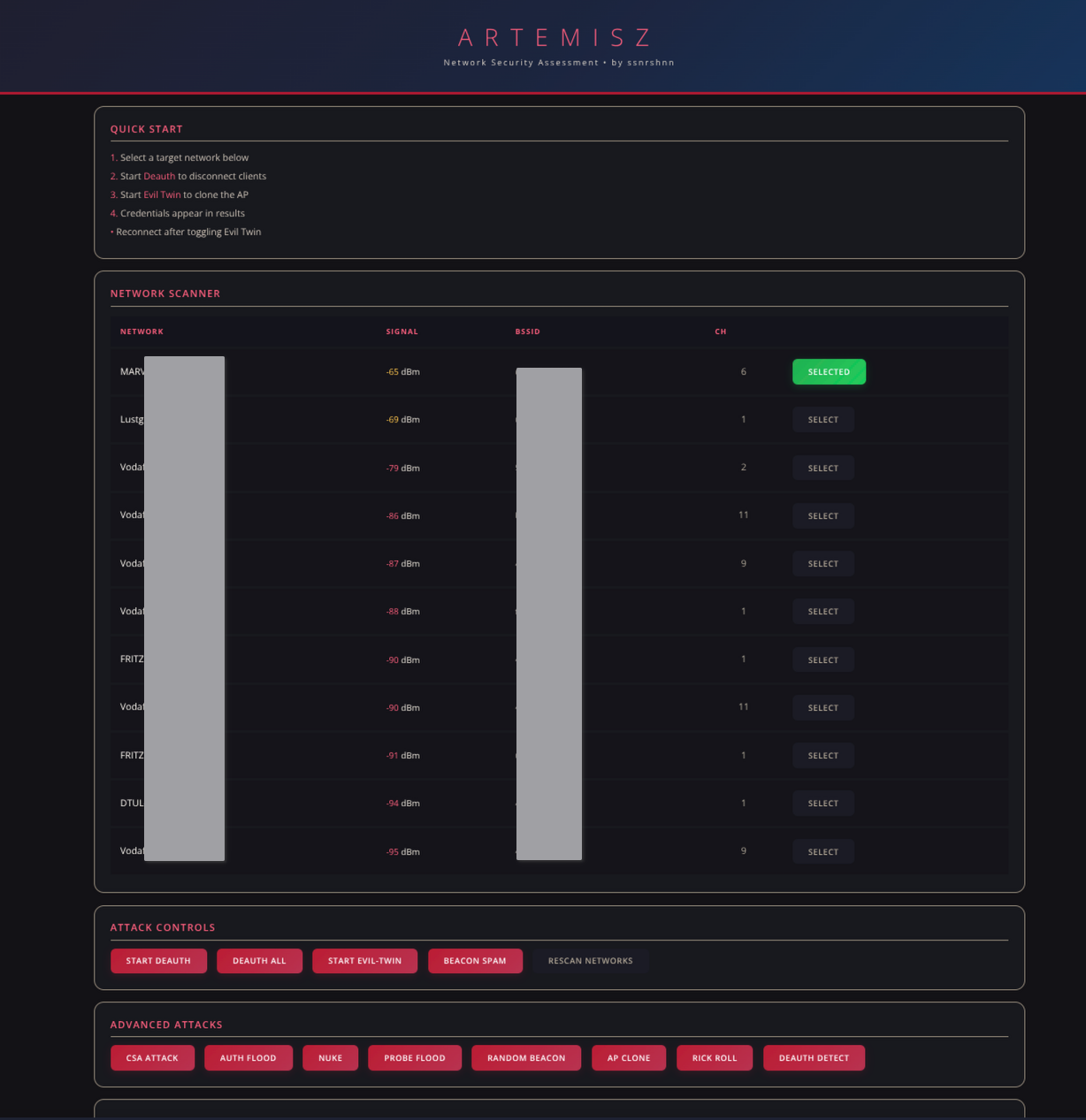 Web admin — scanner and attack controls