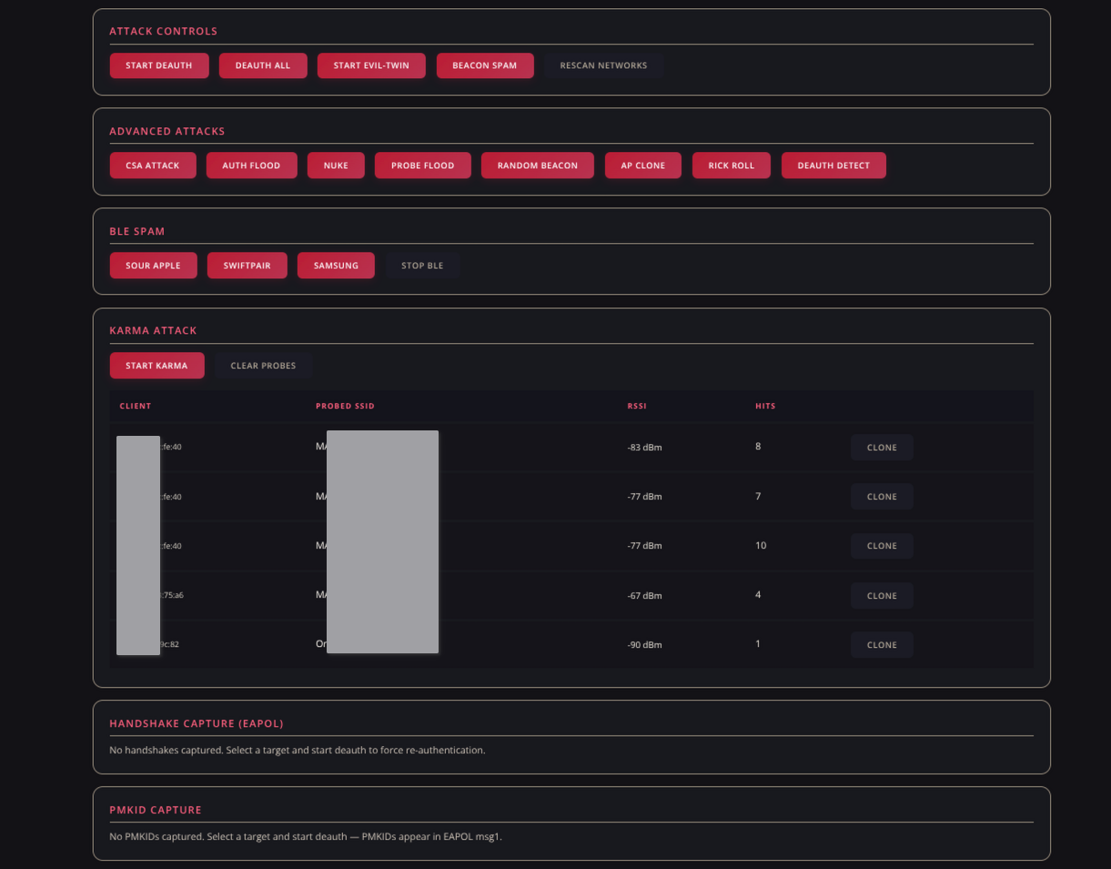 Web admin — advanced attacks, BLE, Karma